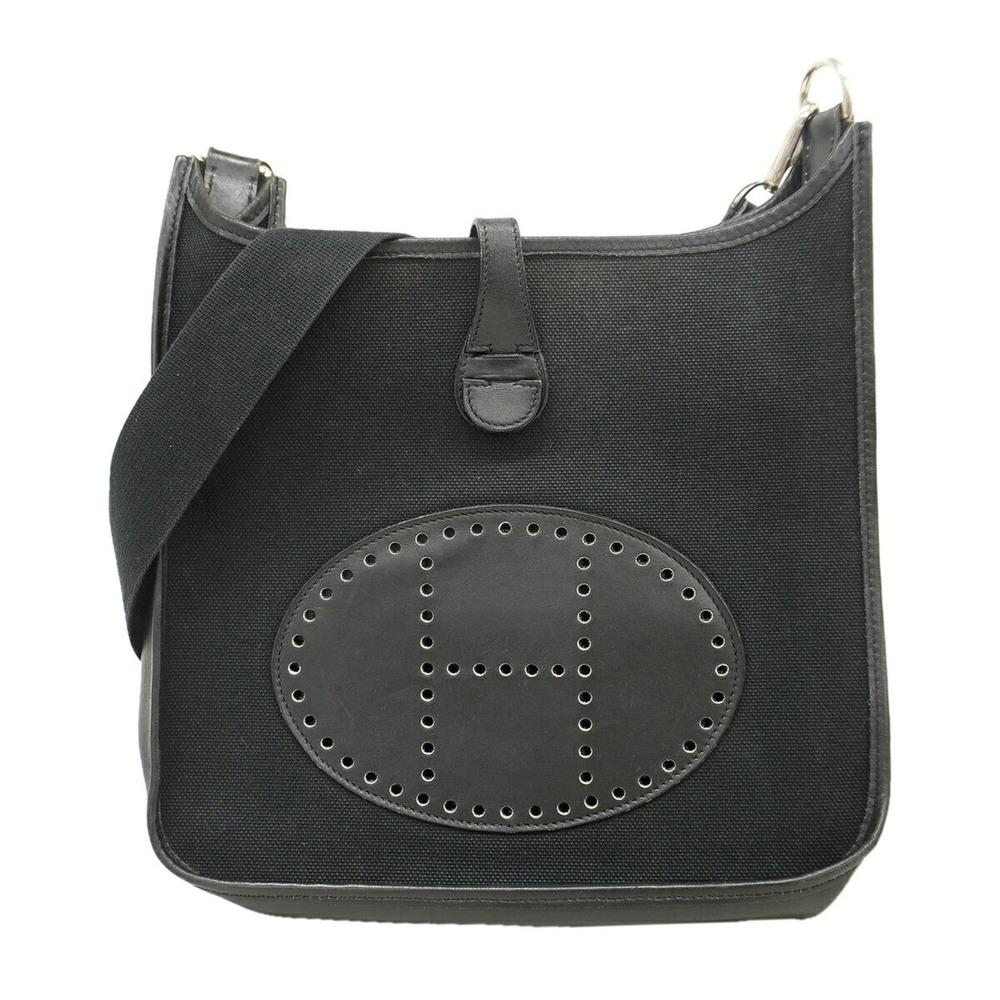 Hermes Evelyne 1GM Shoulder Bag, Toile Officier, Black, □H stamp, Women's